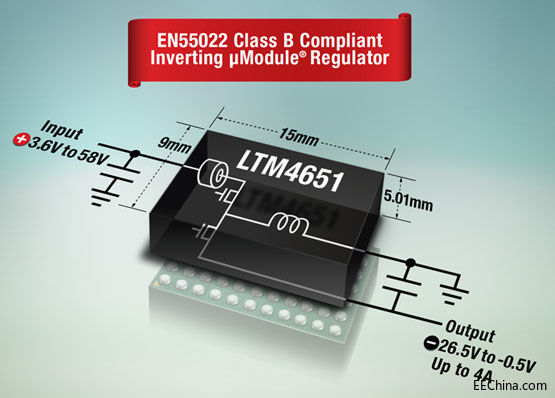 照片说明：负输出μModule 稳压器在 3.6V 至 58V 宽输入电压范围内运行