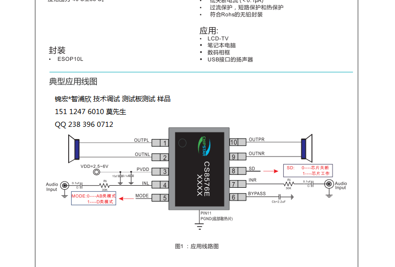 CS8576E工作电压2.5V-6.2V立体声功放