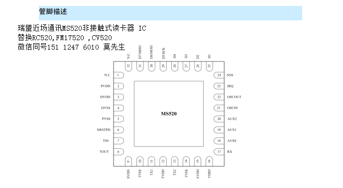 瑞盟近场通讯MS520非接触式MS512读卡器 IC 替换RC520,FM17520 ,CV520