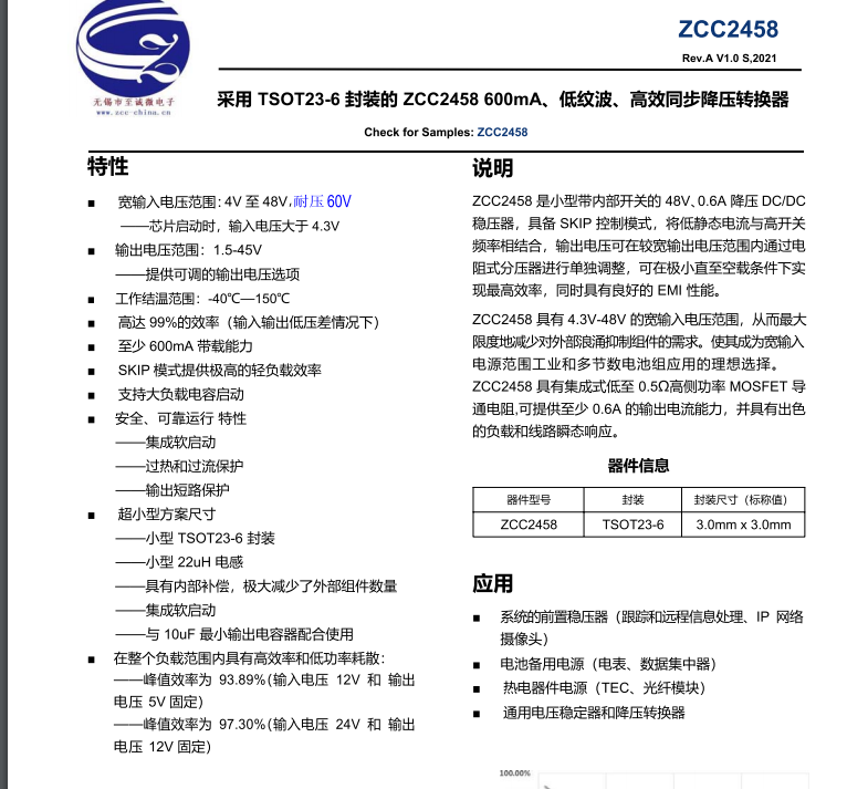 ZCC2458可替代MP2459，60V耐压，高效率同步降压芯片
