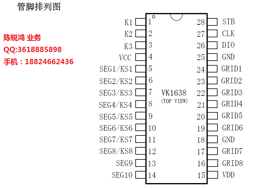 VK1638 80点阵 辉度调节电路 内置上电复位电路LED数显驱动
