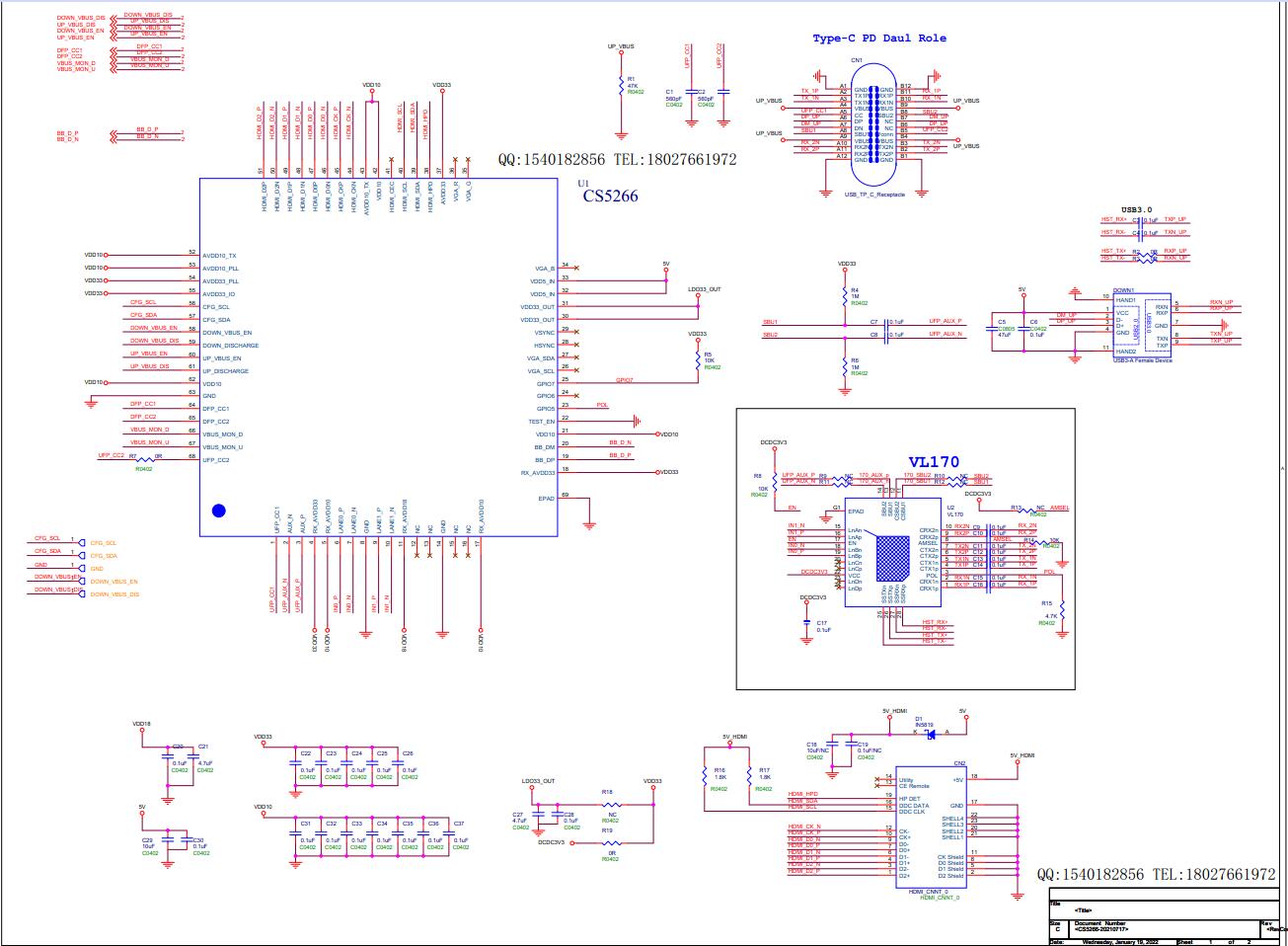 Type-C母座正反插转HDMI方案|CS5266+VL170设计参考电路|typec投屏方案设计