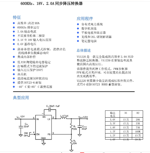 YX1220, 18V 2A DC/DC同步降压电源芯片