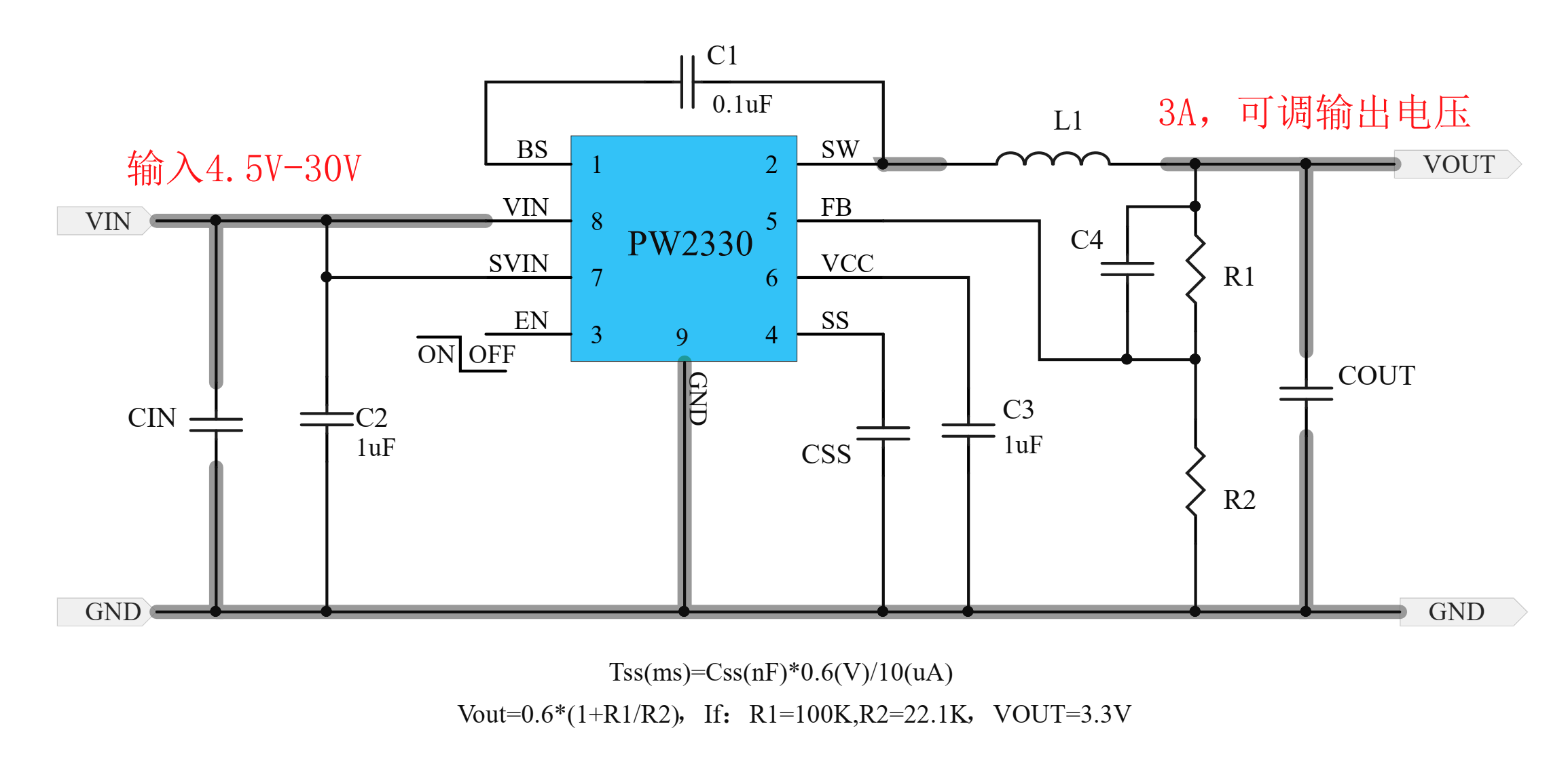 PW2330 3A，4.5V-30V输入，同步降压调节器