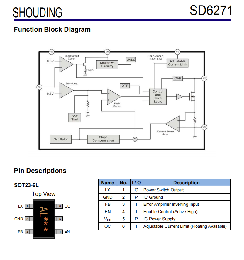 SD6271 1MHz，2A升压电流模式PWM转换器
