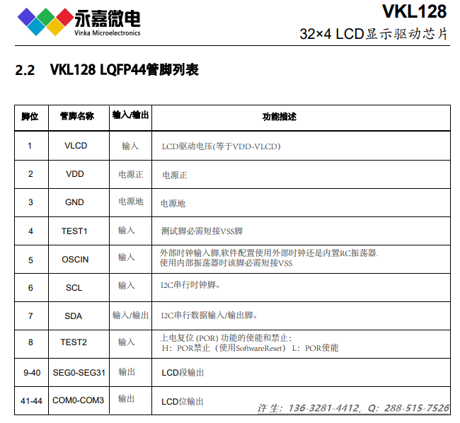 超低功耗段码驱动芯片VKL128小尺寸LCD液晶显示驱动屏仪器仪表段码驱动