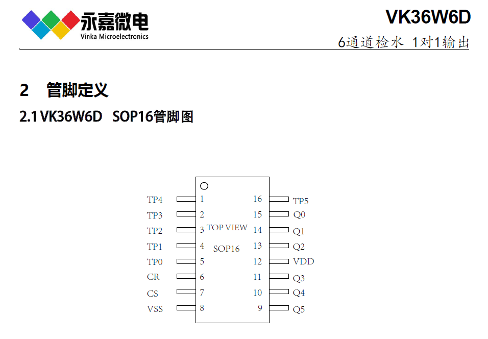 6通液体水位检测IC/液位检测芯片/抗干扰水位检测VK36W6D SOP16  FAE支持
