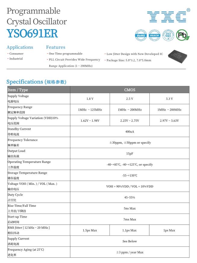 可编程振荡器 7.3728MHz，封装7050，工作电压3.3V，用于诊断仪器