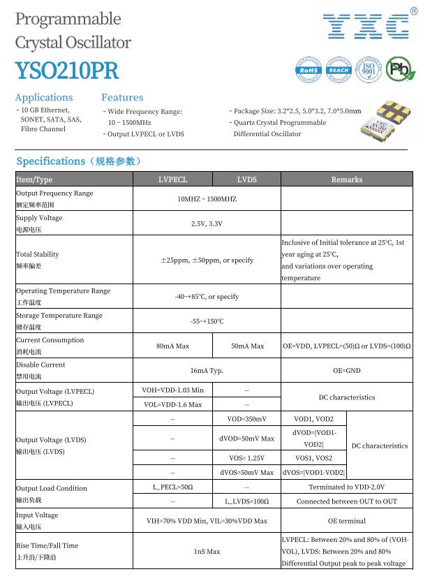 扬兴科技  可编程差分晶振，频点155.52MHz，LVPECL输出，应用于交换机