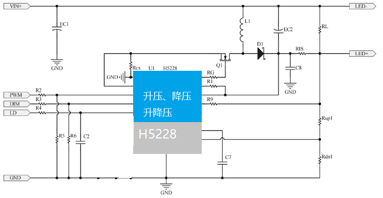摄影灯影视灯LED升降压恒流IC-惠海H5228支持 6.5V12V24V36V48V60V75V升压、降压芯片