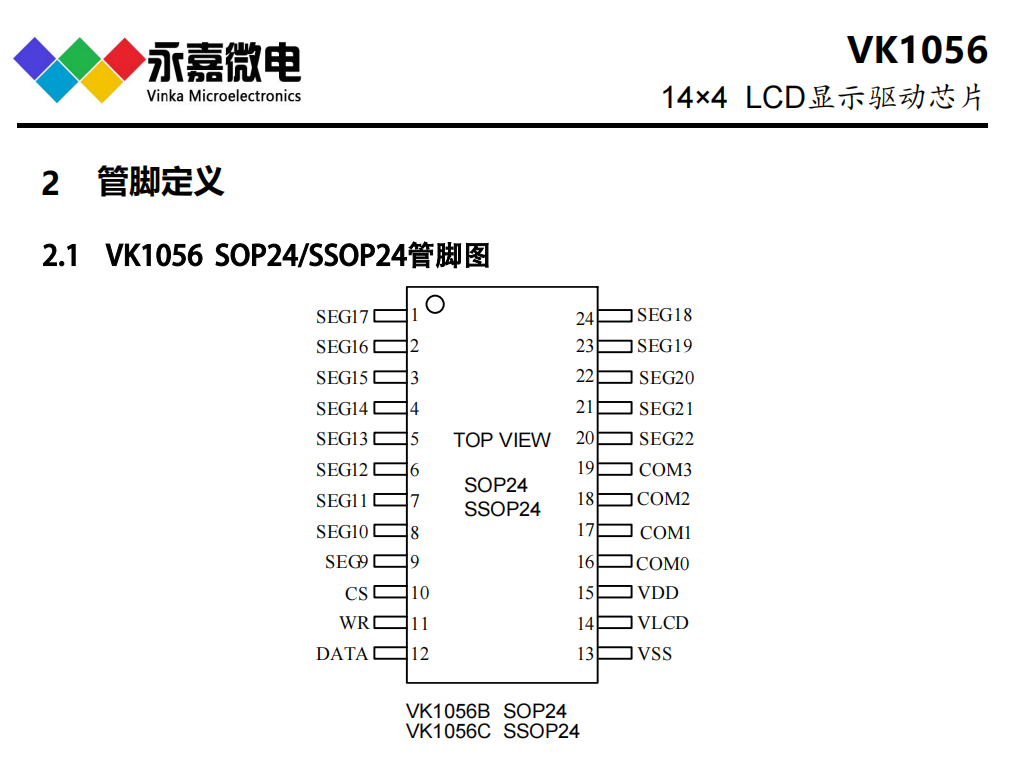 VK1056B/C SOP24/ SSOP24液晶显示驱动IC段码LCD液晶驱动芯片 原厂FAE支持