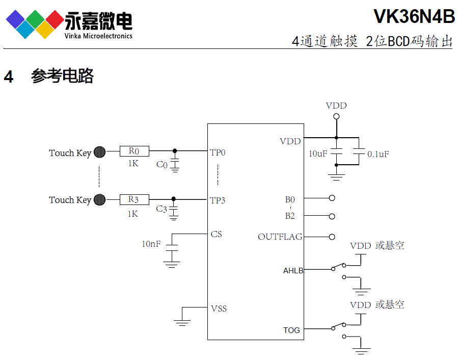 抗干扰4按键触摸/4路触控芯片/触摸感应IC-VK36N4B SOP16/QFN16L