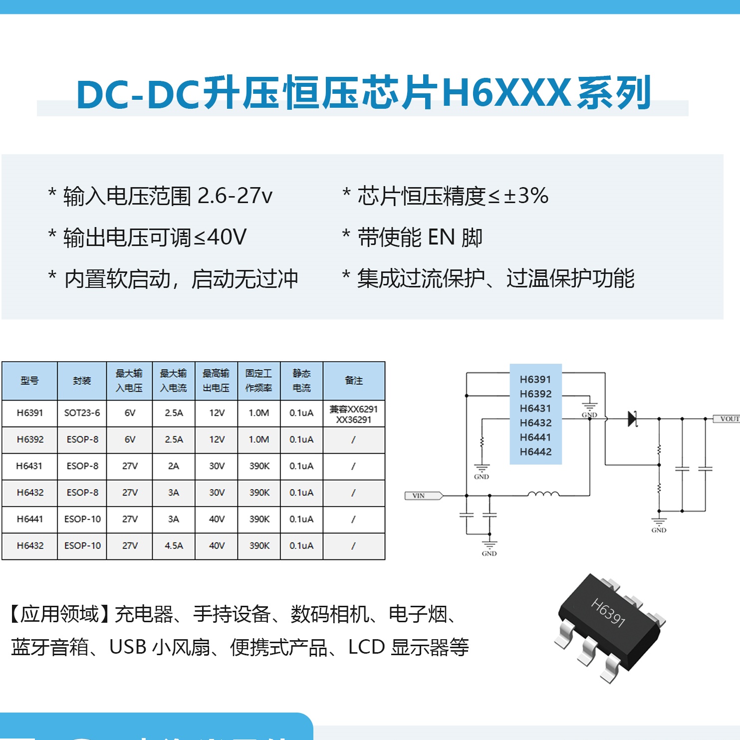5V升压12V芯片 3.7V升压12V2.5A升压IC 锂电池升压恒压芯片H6391 兼容XX6291/3691 无需改脚位