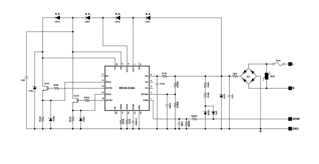 一款具有内部2通道和外部2通道的交流直接LED驱动IC-WD35-S28A
