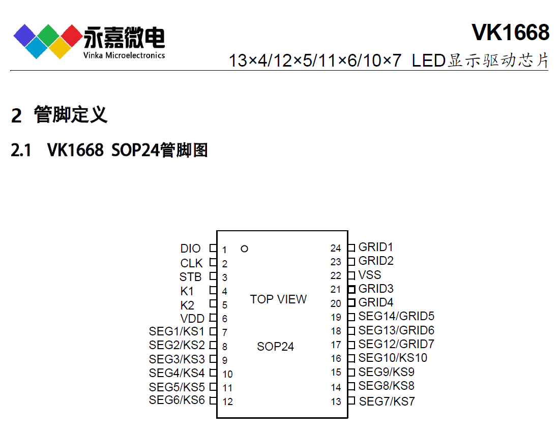 VK1668 SOP24抗干扰数码管驱动IC/数显屏驱动芯片/LED驱动厂家 FAE支持