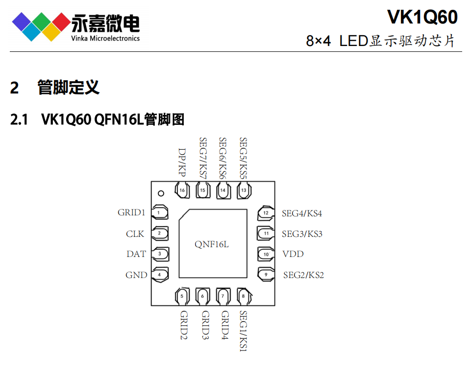 VK1Q60 QFN16超小封装抗干扰数显驱动芯片数码管显示IC电子烟/雾化烟LED屏显示方案