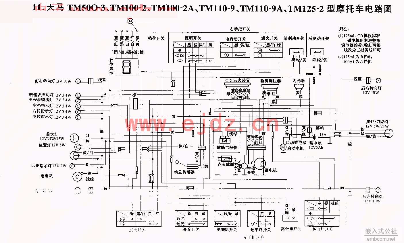 011天马TM50Q-3，TM100-2，TM100-2A，TM110-9，TM110-9A，TM125-2型摩托车电路图.gif